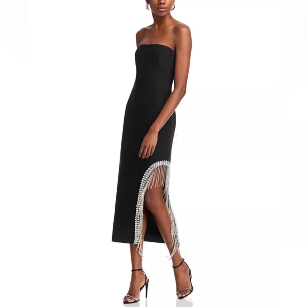 Cinq à Sept Sammy Strapless Rhinestone Fringe Black Midi Dress Sz 2 NWT
